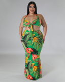 Women Halter Neck Printed Maxi Slim Skirt Sets Plus Size Two Piece Sets Purple Green Blue L-4XL