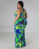Women Halter Neck Printed Maxi Slim Skirt Sets Plus Size Two Piece Sets Purple Green Blue L-4XL