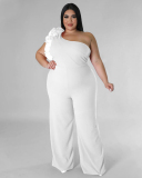 Fashion Women Mesh One Shoulder Wide Leg Solid Color Plus Size Jumpsuit Black White Red Blue L-4XL