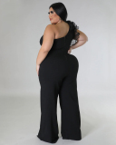 Fashion Women Mesh One Shoulder Wide Leg Solid Color Plus Size Jumpsuit Black White Red Blue L-4XL