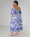 Popular New Summer Women Off Shoulder Boho Printed Plus Size Dresses Green Red Black Blue L-4XL