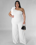 Fashion Women Mesh One Shoulder Wide Leg Solid Color Plus Size Jumpsuit Black White Red Blue L-4XL