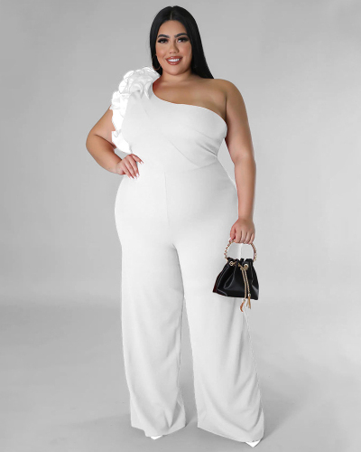 Fashion Women Mesh One Shoulder Wide Leg Solid Color Plus Size Jumpsuit Black White Red Blue L-4XL