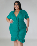 Women Sexy Mesh Ruched V Neck Short Sleeve Slim Women Plus Size Dresses Rosy Black White Blue Green L-4XL