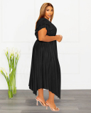 Summer V-neck Ruched Short Sleeve Imitation Silk Women Plus Size Dresses Pink Red Black Blue L-4XL