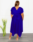 Summer V-neck Ruched Short Sleeve Imitation Silk Women Plus Size Dresses Pink Red Black Blue L-4XL