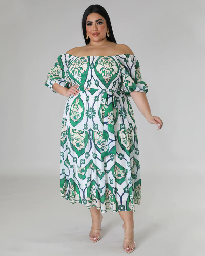 Popular New Summer Women Off Shoulder Boho Printed Plus Size Dresses Green Red Black Blue L-4XL