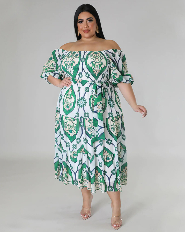 Popular New Summer Women Off Shoulder Boho Printed Plus Size Dresses Green Red Black Blue L-4XL