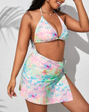 Women Tie Dye Halter Neck Sexy Three Pieces Set Plus Size Swimwear Green Blue Pink Red L-4XL