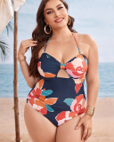 Women Florals Hollow Out High Waist Plus Size Swimsuit Colorful L-4XL