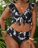 Sexy Cute Women Ruffles Flower Printed Tie Front Plus Size Swimwear Blue Black L-4XL