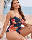 Women Florals Hollow Out High Waist Plus Size Swimsuit Colorful L-4XL