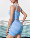 Women Mosaic Colorblock Fashion Yoga Two-piece Shorts Set Green Blue Pink S-L