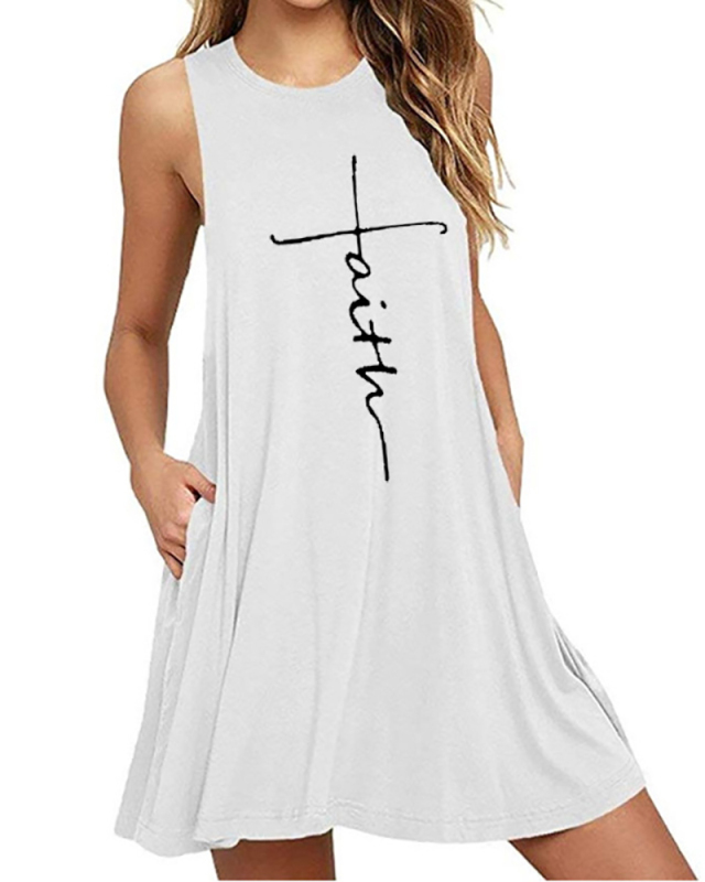 Women Hot Sale Sleeveless Printed Pocket A-line Plus Size Dresses White Wine Red Navy Blue Black Blue Army Green S-6XL