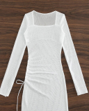 Women Long Sleeve Square Neck Side Drawstring Beach Dresses Cover Ups White S-XL