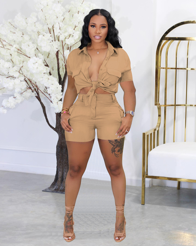 Short Sleeve Solid Color Women Summer Two Piece Outfit