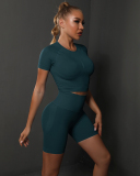 Women Solid Color Short Sleeve Top High Waist Yoga Two-piece Shorts Sets S-L