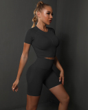 Women Solid Color Short Sleeve Top High Waist Yoga Two-piece Shorts Sets S-L
