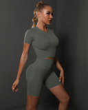 Women Solid Color Short Sleeve Top High Waist Yoga Two-piece Shorts Sets S-L
