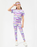 Kids Girls Tie-dye Short Sleeve Sports T-shirt Slim Fitness Leggings Sets Two Piece Yoga Sets 120-150