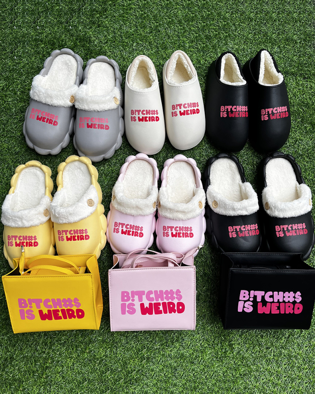 Popular Winter B!tch Printed Hot Sale Fur Sandals Bags