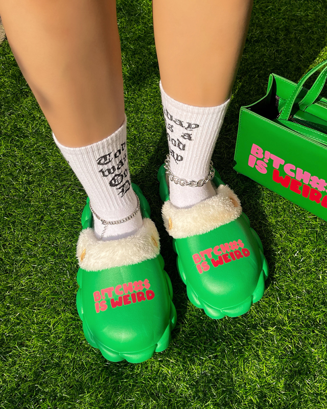 Popular Winter B!tch Printed Hot Sale Fur Sandals Bags