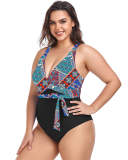Women V Neck Sexy Wrap One Piece Plus Size Swimwear L-4XL