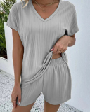 V-neck Women Wholesale Solid Color Two Piece Short Set