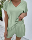 V-neck Women Wholesale Solid Color Two Piece Short Set