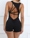 Women Ruched Hips Quick Dry Back Strappy Sleeveless Yoga Jumpsuit 