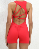 Women Ruched Hips Quick Dry Back Strappy Sleeveless Yoga Jumpsuit 