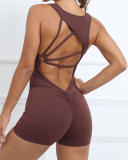 Women Ruched Hips Quick Dry Back Strappy Sleeveless Yoga Jumpsuit 