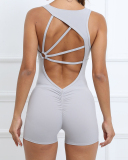 Women Ruched Hips Quick Dry Back Strappy Sleeveless Yoga Jumpsuit 