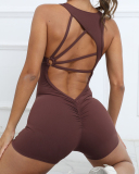 Women Ruched Hips Quick Dry Back Strappy Sleeveless Yoga Jumpsuit 