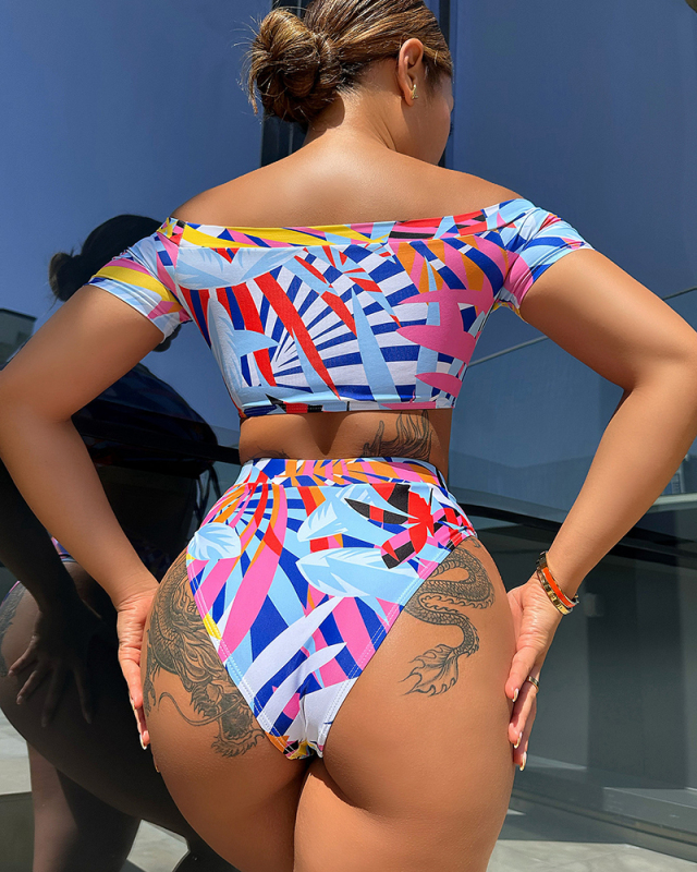 Women Striped Print Colorblock Short Sleeve High Waist Two-piece Swimsuit S-L