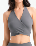 Solid Color Women V-neck Strappy Sports Bra Yoga Top S-L
