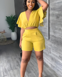Short Sleeve Women Solid Color Two Piece Short Set