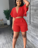 Short Sleeve Women Solid Color Two Piece Short Set