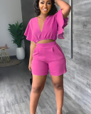 Short Sleeve Women Solid Color Two Piece Short Set