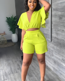 Short Sleeve Women Solid Color Two Piece Short Set