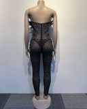 Feather Black Sequin Women Party Jumpsuit S-3XL