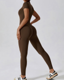 Hot Sale All-In-One Design Zipper Front Short Sleeve Slim Outside Wear Running Yoga Jumpsuit Black Blue Coffee Apricot S-XL