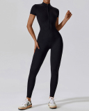 Hot Sale All-In-One Design Zipper Front Short Sleeve Slim Outside Wear Running Yoga Jumpsuit Black Blue Coffee Apricot S-XL