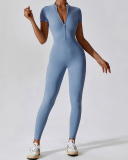 Hot Sale All-In-One Design Zipper Front Short Sleeve Slim Outside Wear Running Yoga Jumpsuit Black Blue Coffee Apricot S-XL