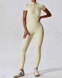 Hot Sale All-In-One Design Zipper Front Short Sleeve Slim Outside Wear Running Yoga Jumpsuit Black Blue Coffee Apricot S-XL