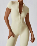 Hot Sale All-In-One Design Zipper Front Short Sleeve Slim Outside Wear Running Yoga Jumpsuit Black Blue Coffee Apricot S-XL