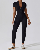 Hot Sale All-In-One Design Zipper Front Short Sleeve Slim Outside Wear Running Yoga Jumpsuit Black Blue Coffee Apricot S-XL