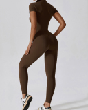 Hot Sale All-In-One Design Zipper Front Short Sleeve Slim Outside Wear Running Yoga Jumpsuit Black Blue Coffee Apricot S-XL