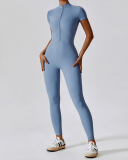 Hot Sale All-In-One Design Zipper Front Short Sleeve Slim Outside Wear Running Yoga Jumpsuit Black Blue Coffee Apricot S-XL