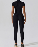 Hot Sale All-In-One Design Zipper Front Short Sleeve Slim Outside Wear Running Yoga Jumpsuit Black Blue Coffee Apricot S-XL